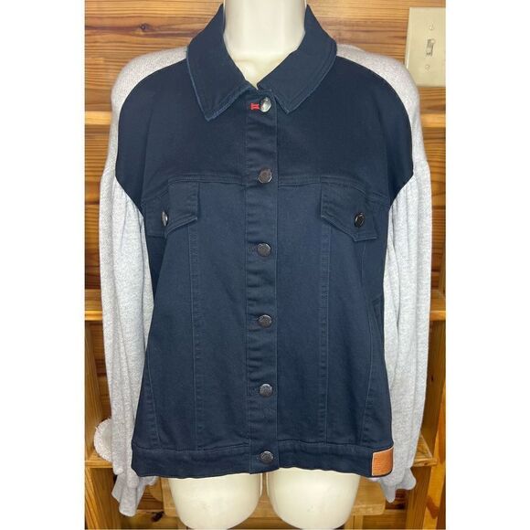 Peace, Love, World Dark Denim & Grey Jacket Size Small - Picture 1 of 6